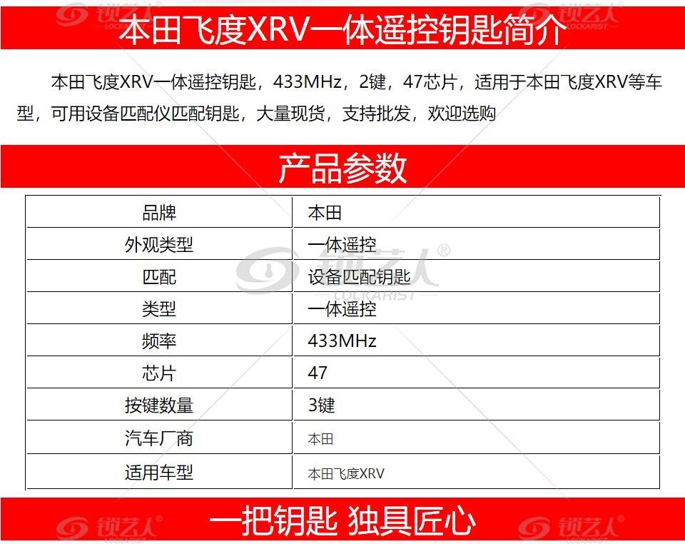 本田飞度XRV一体遥控钥匙-2键-47芯片-433MHz